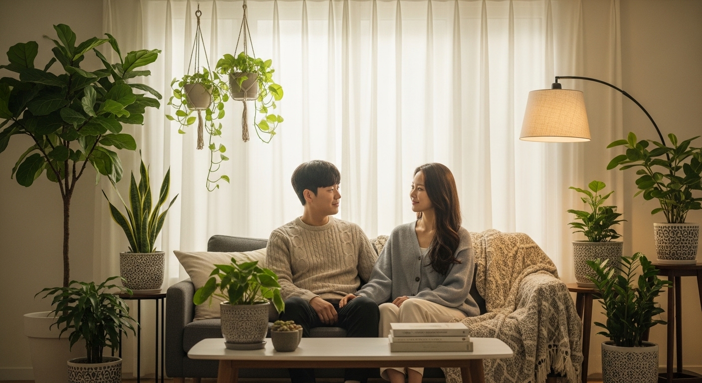 집안에서 평화로운 대화를 나누는 한국 커플의 모습