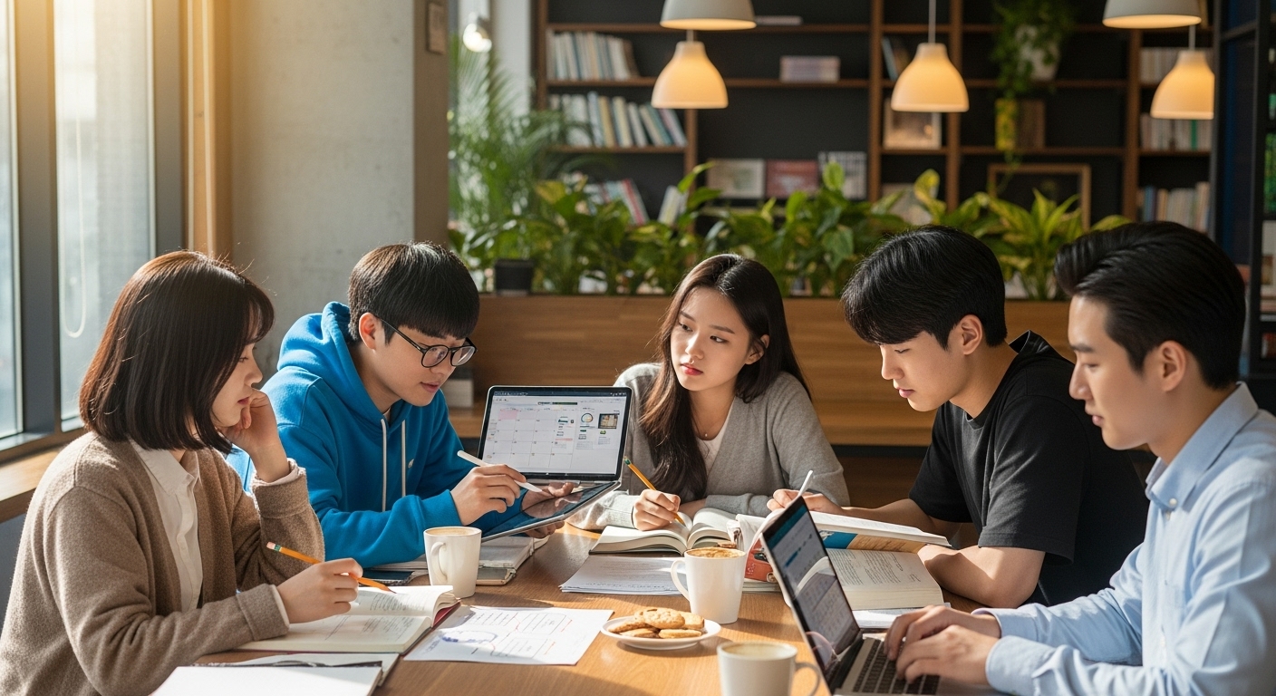 공부 계획을 세우는 고등학생들의 전략 회의 장면