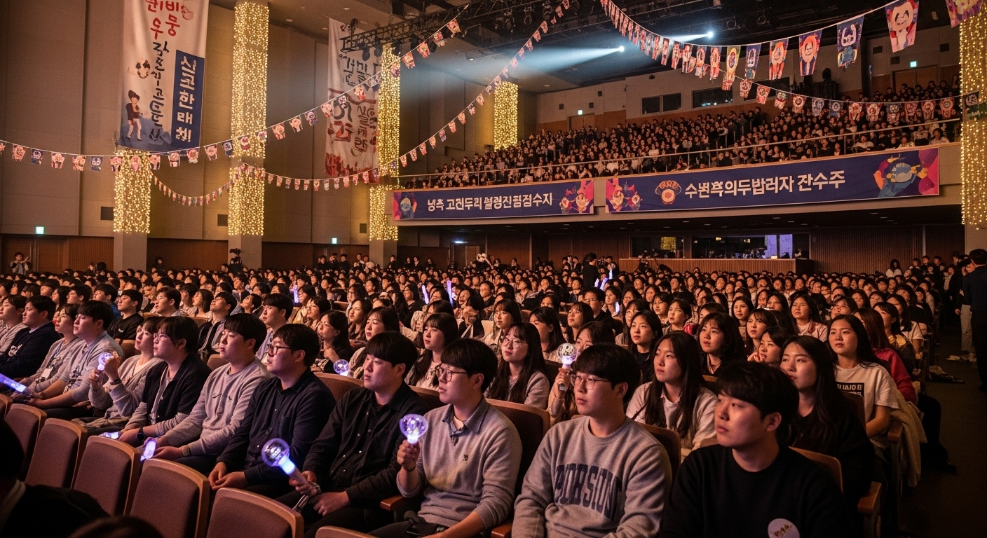 대형 공연장에서 따뜻한 조명과 함께 공연 시작을 기다리는 한국 관객들