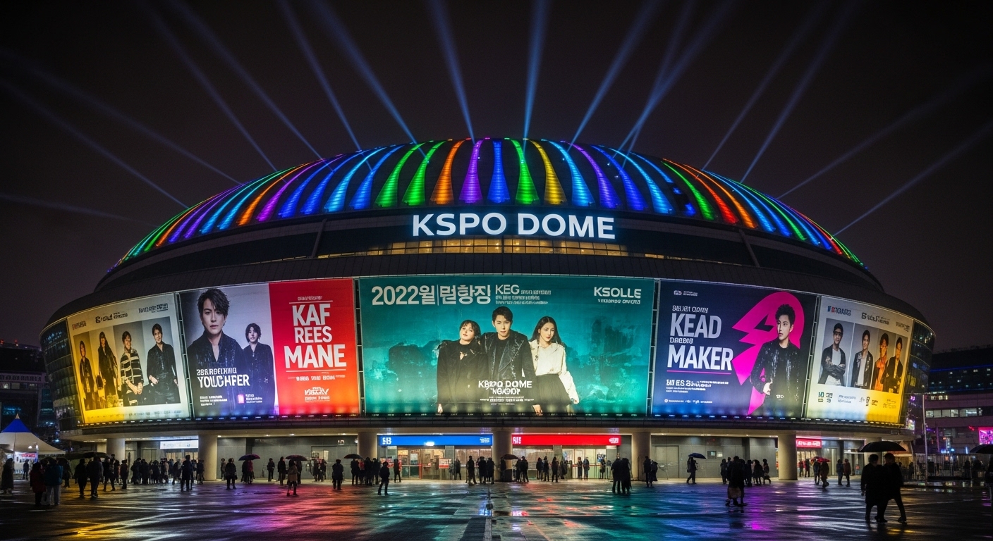 서울 KSPO DOME 야간 외부 모습과 밝은 조명 아래 걸린 공연 홍보 배너