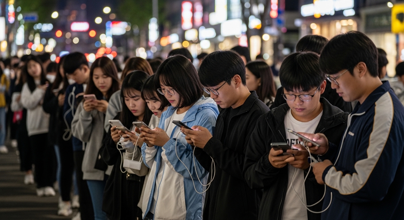 도심 가로등 아래 온라인 티켓팅 부스 밖에서 휴대폰을 들고 줄 서 있는 팬들