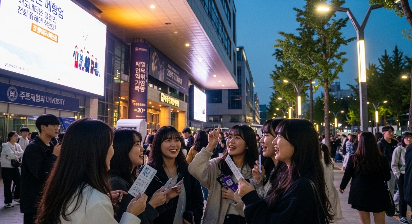 서울 대학 캠퍼스 입구에서 공연 티켓을 들고 있는 팬들의 기대감 넘치는 모습