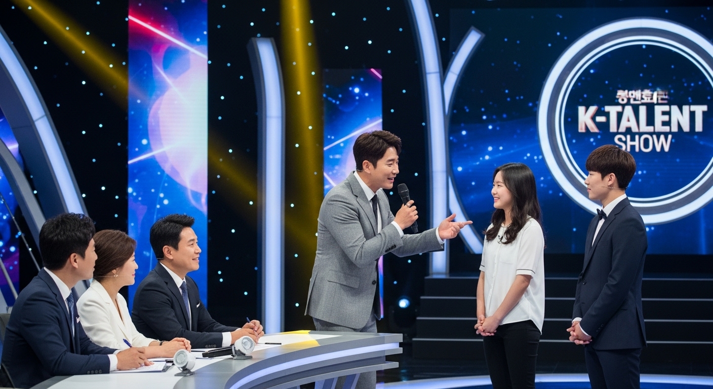 스튜디오 무대에서 참가자들과 소통하는 따뜻한 진행자의 모습
