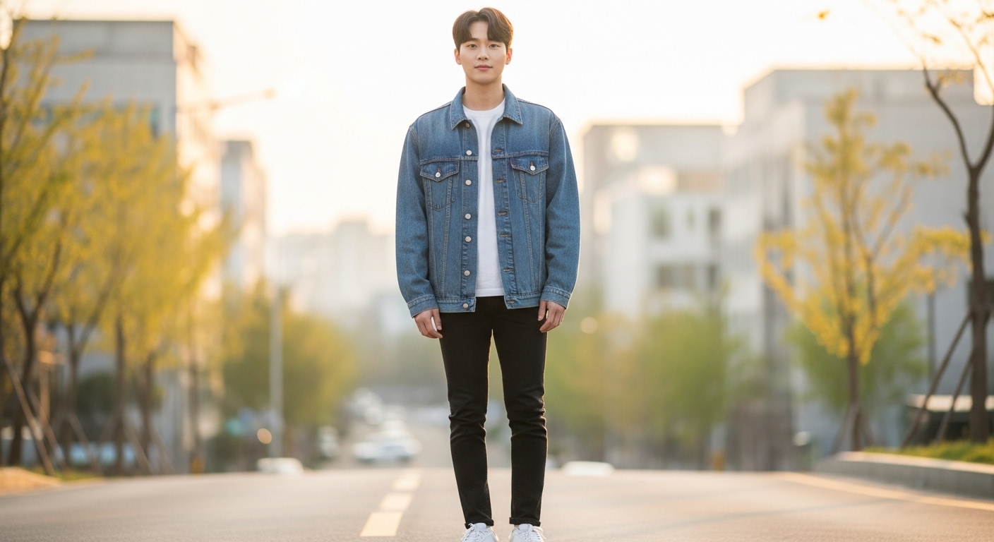 차분하고 침착한 젊은 남성이 캐주얼한 옷을 입고 중립적인 표정으로 서 있는 모습