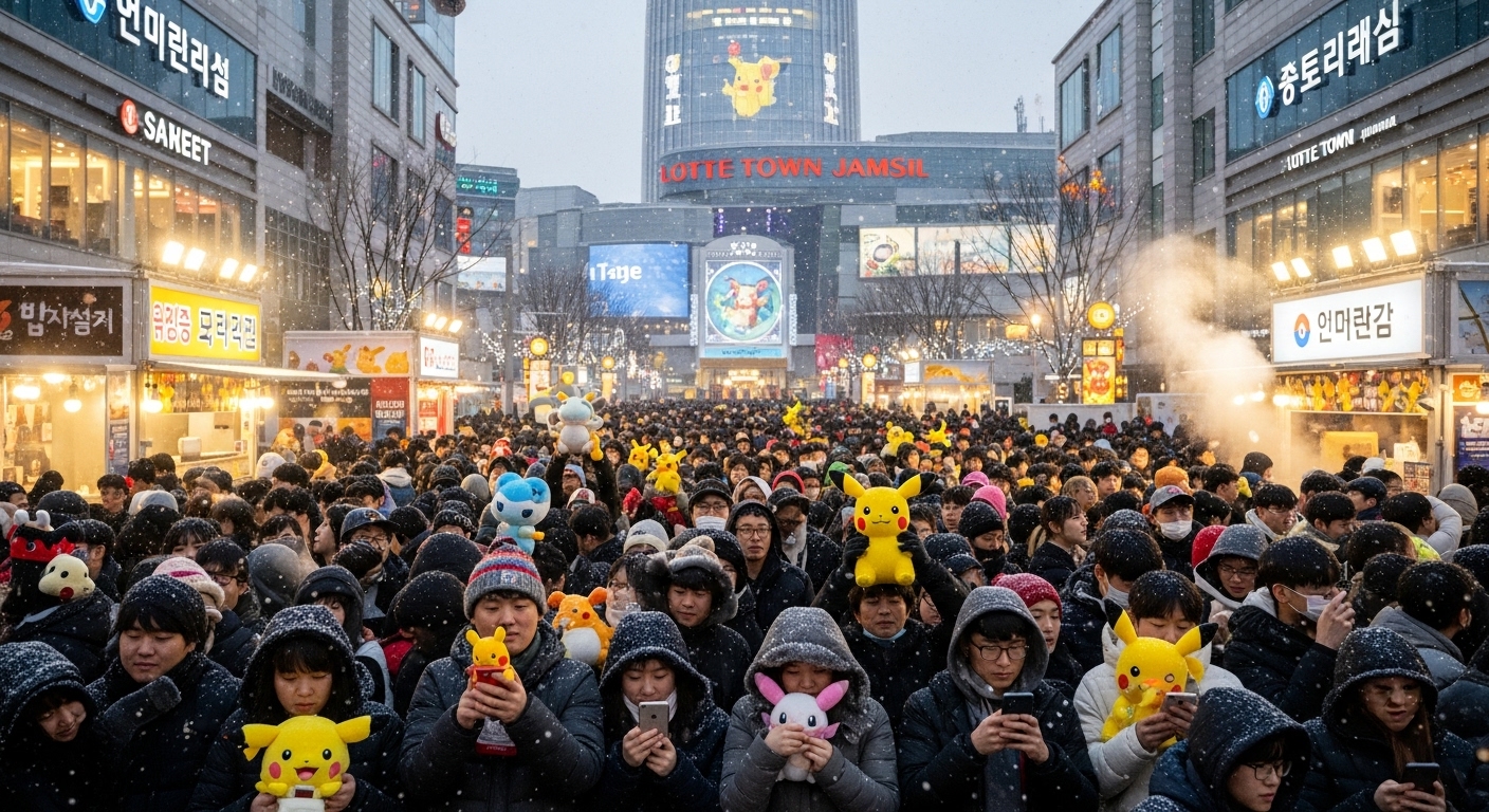 롯데타운 잠실에서 포켓몬 팬들이 모여 북적이는 겨울 풍경
