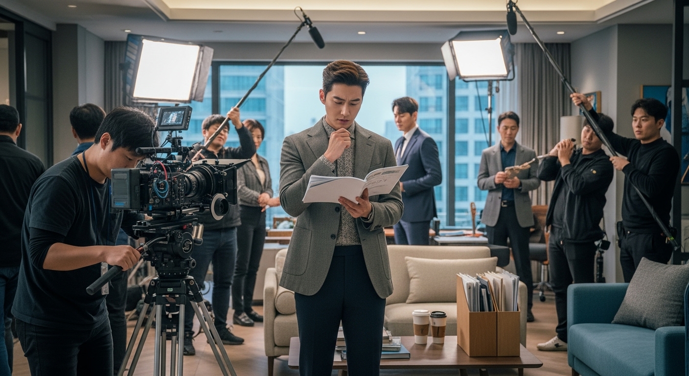 드라마 촬영장에서 캐릭터 준비에 몰두하는 배우