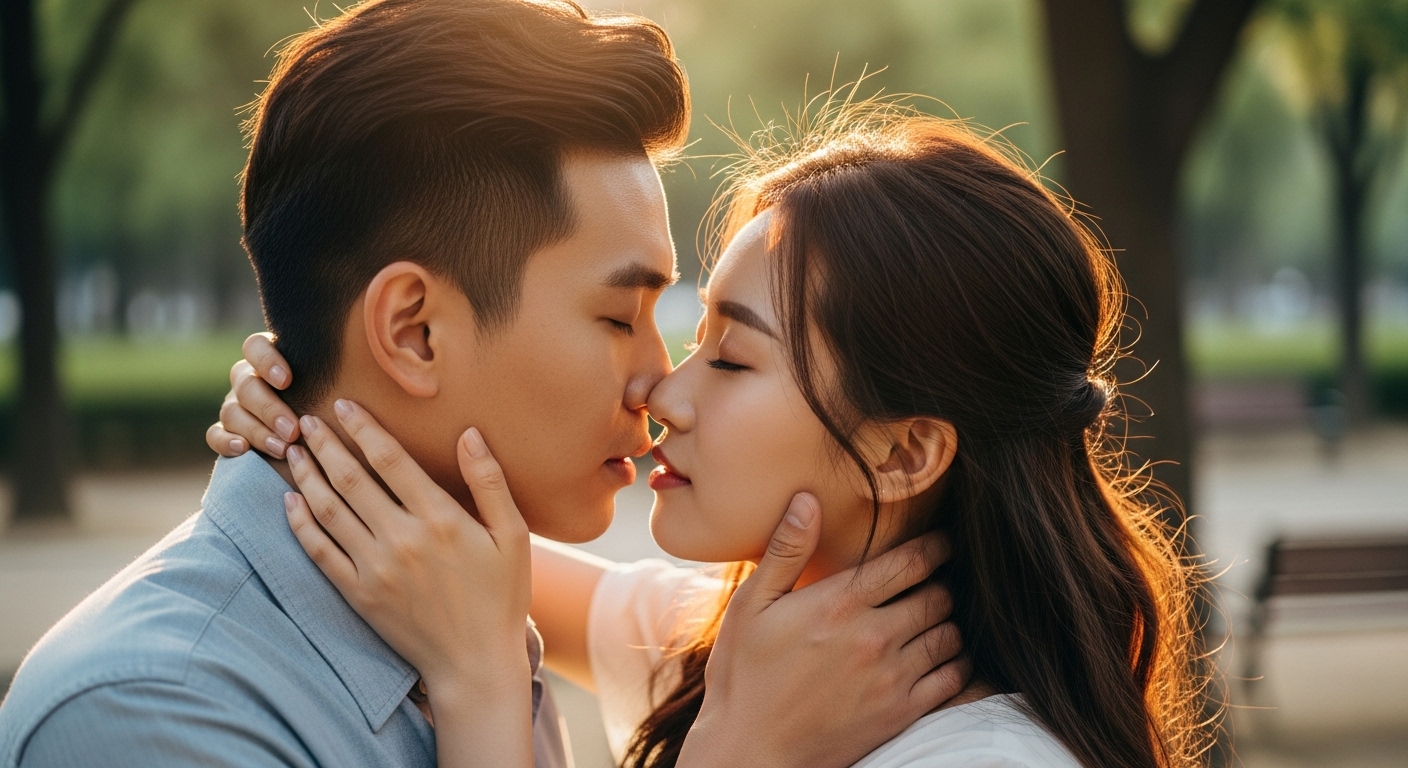 젊은 한국 커플이 도시 공원에서 친밀한 키스를 나누는 장면