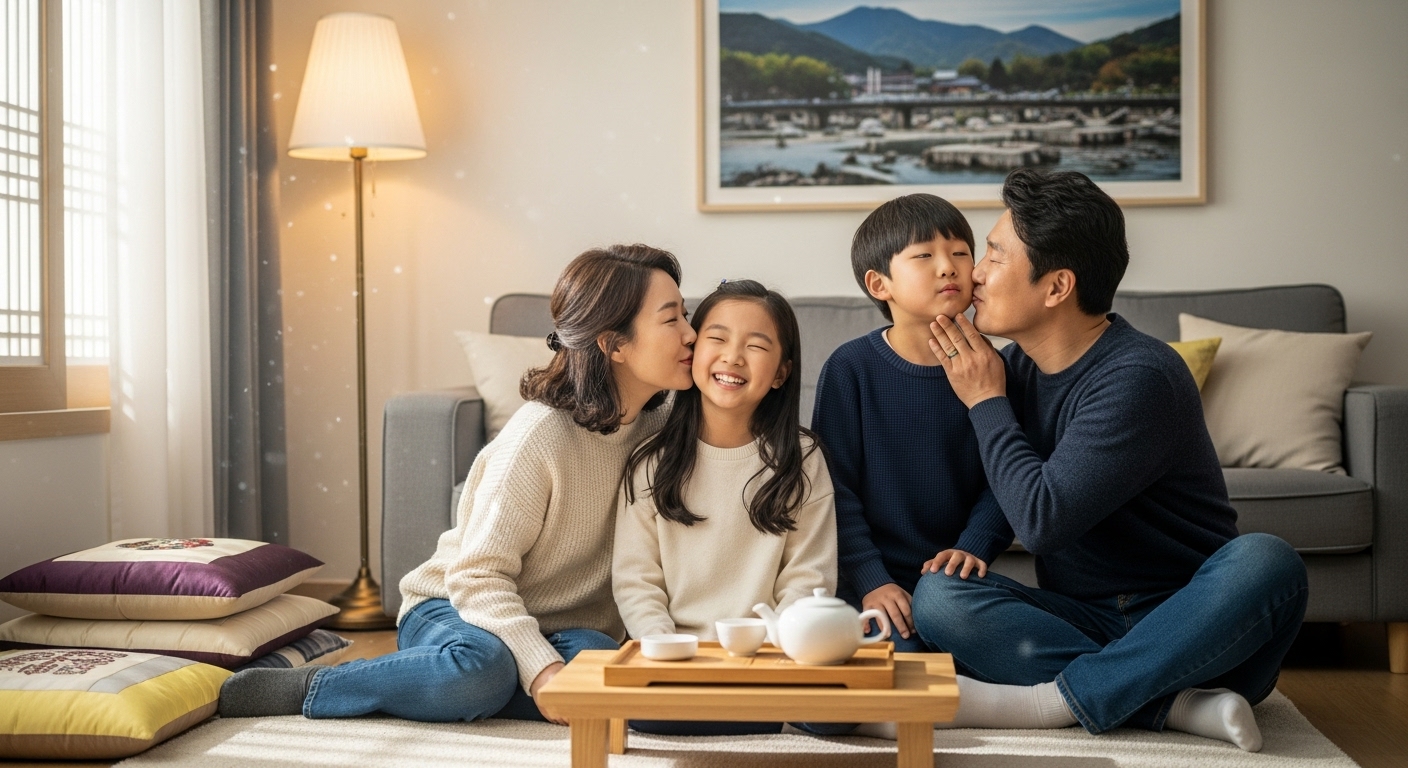 가족들이 거실에서 볼에 입맞춤하며 인사하는 모습