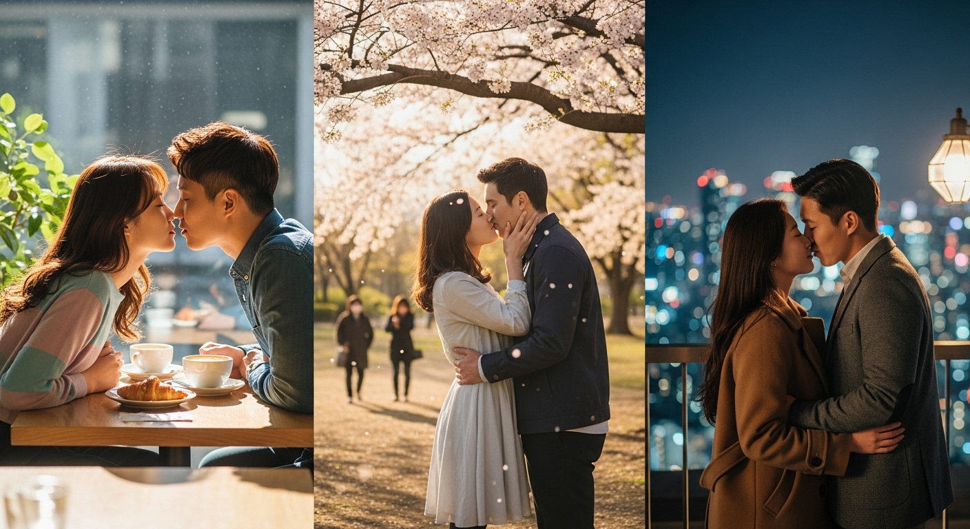 다양한 장소에서 여러 가지 종류의 키스를 나누는 커플들
