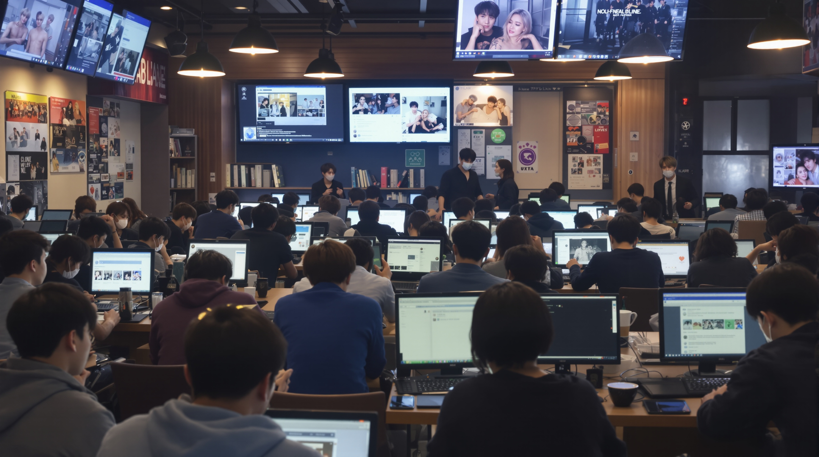 한국의 인터넷 카페에서 다양한 사람들이 정국과 윈터의 타투 논란에 대해 토론하는 모습