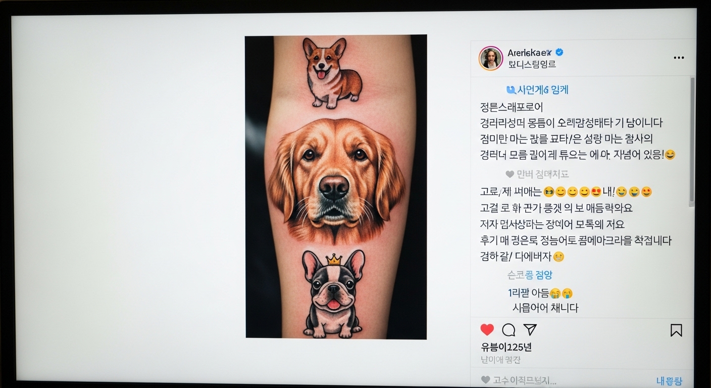 세 마리 강아지 타투 이미지가 컴퓨터 화면에 확대되어 보여지는 모습