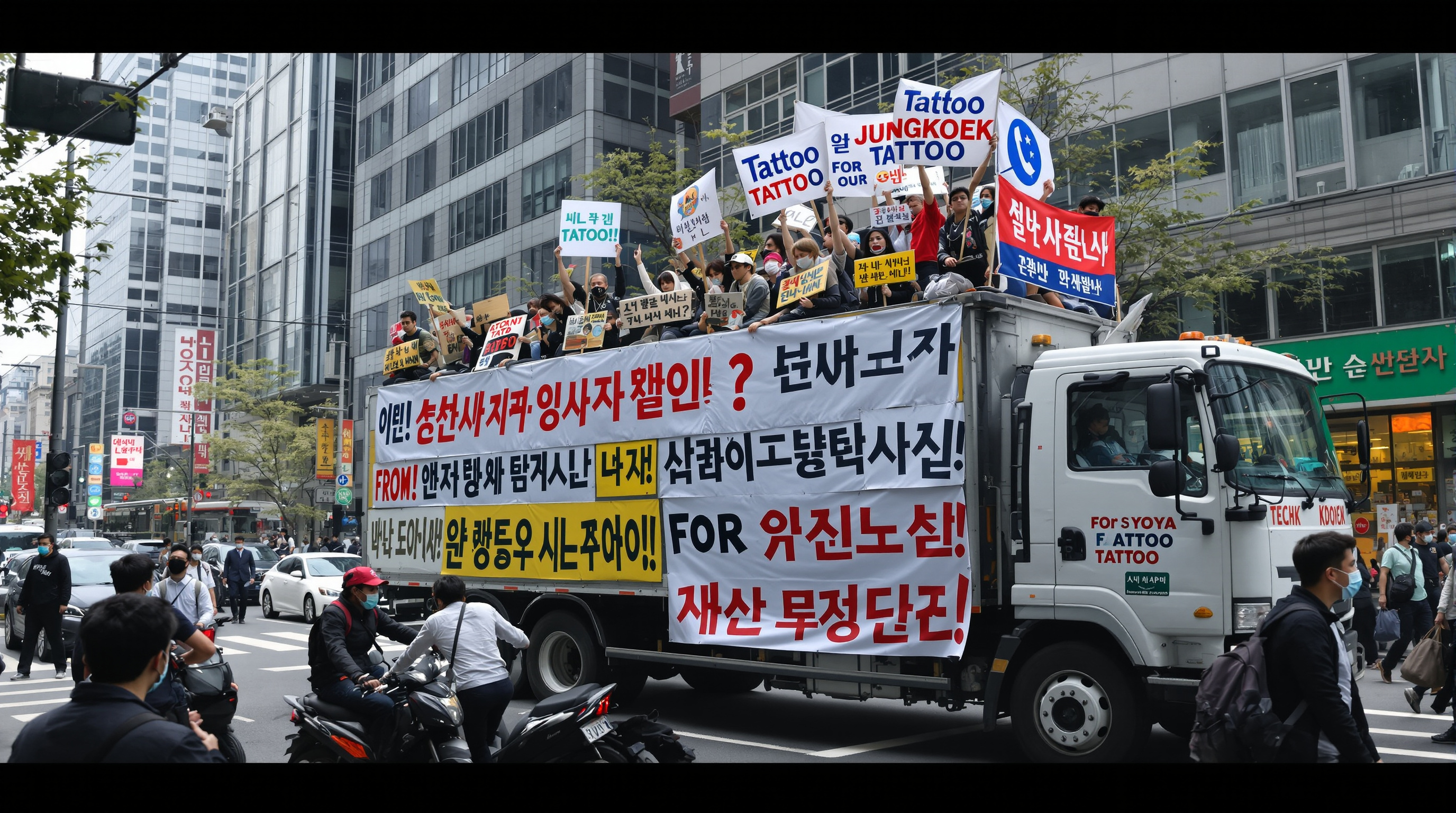 서울 거리에서 정국에게 행동을 요구하는 배너가 걸린 트럭 시위 장면