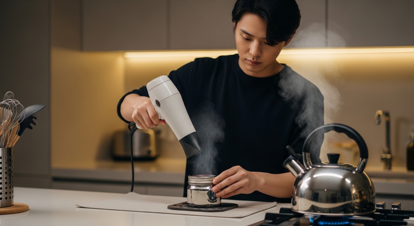 주방에서 드라이기로 금속 병뚜껑을 가열하는 모습