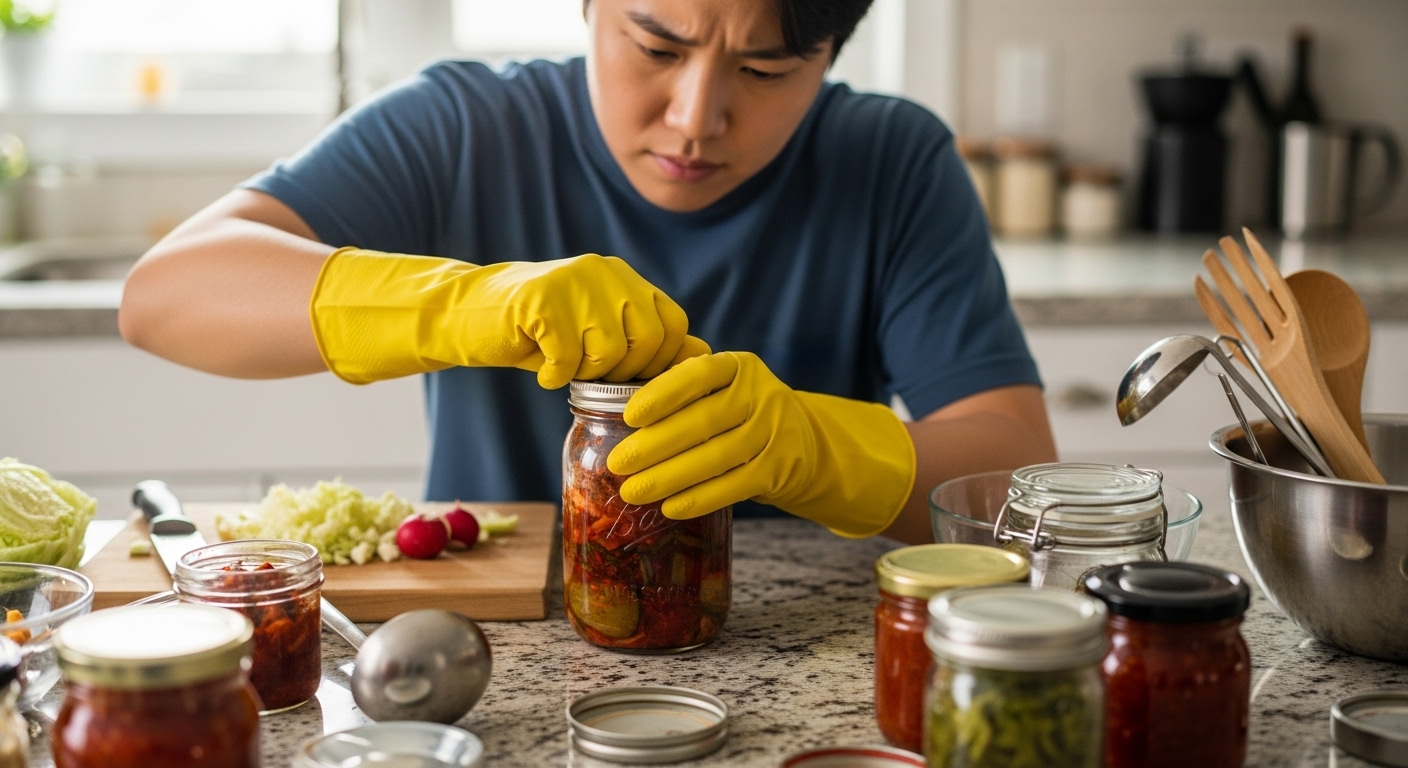 고무장갑을 착용하고 병뚜껑을 돌리는 사람의 모습
