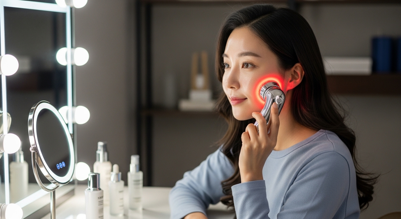 다양한 LED 조명 모드를 활용한 스킨케어 루틴을 수행하는 한국 여성