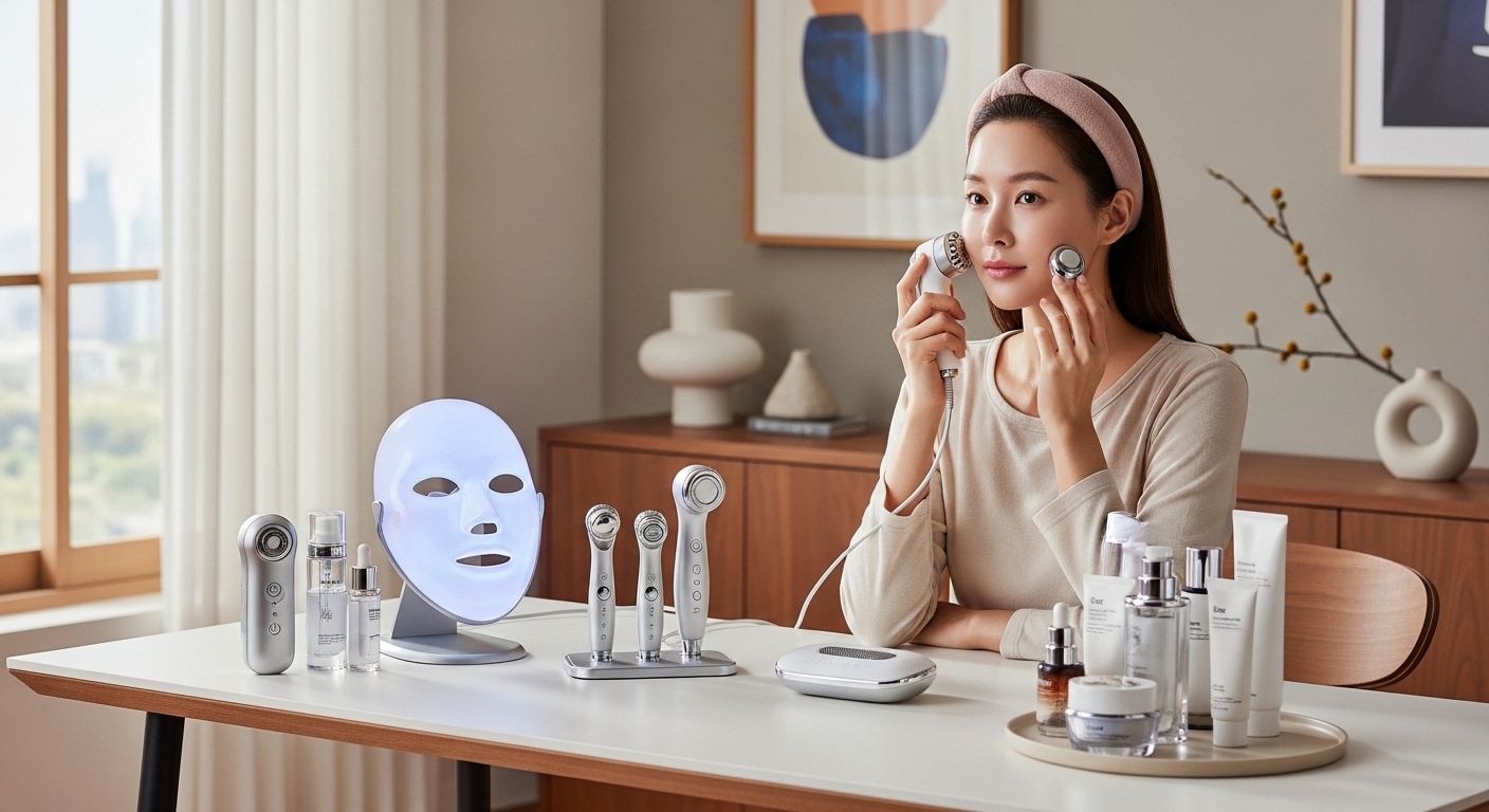 첨단 뷰티 디바이스가 놓인 테이블 앞에서 홈케어 루틴을 수행하는 현대적 한국 실내 공간
