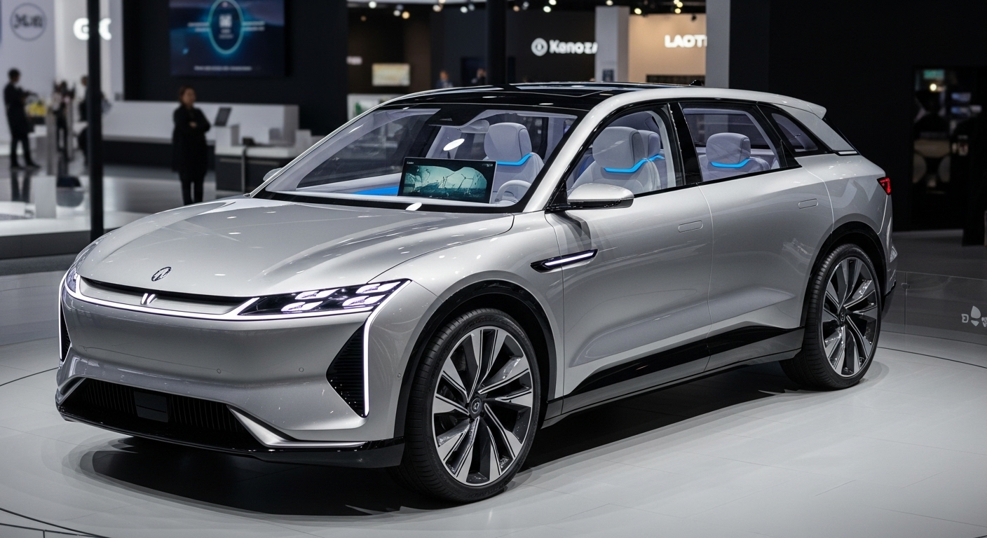 현대적인 자동차 쇼에 전시된 미래형 한국 전기 SUV