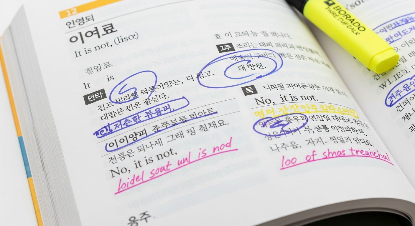 '아니에요' 올바른 사용법을 설명하는 한국어 교재의 한 페이지