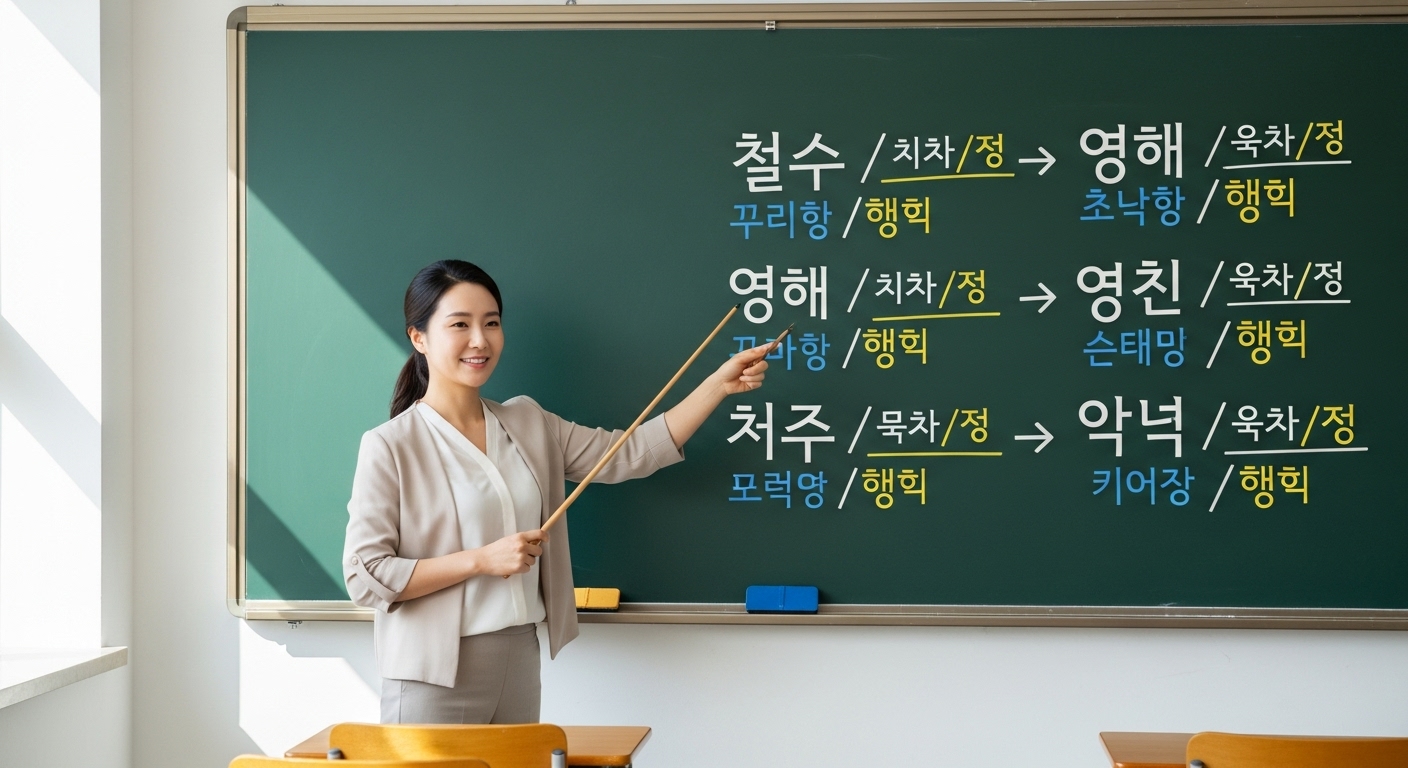 칠판 위 철수와 영희 같은 이름과 함께 올바른 예요/이에요 사용법을 가르치는 장면