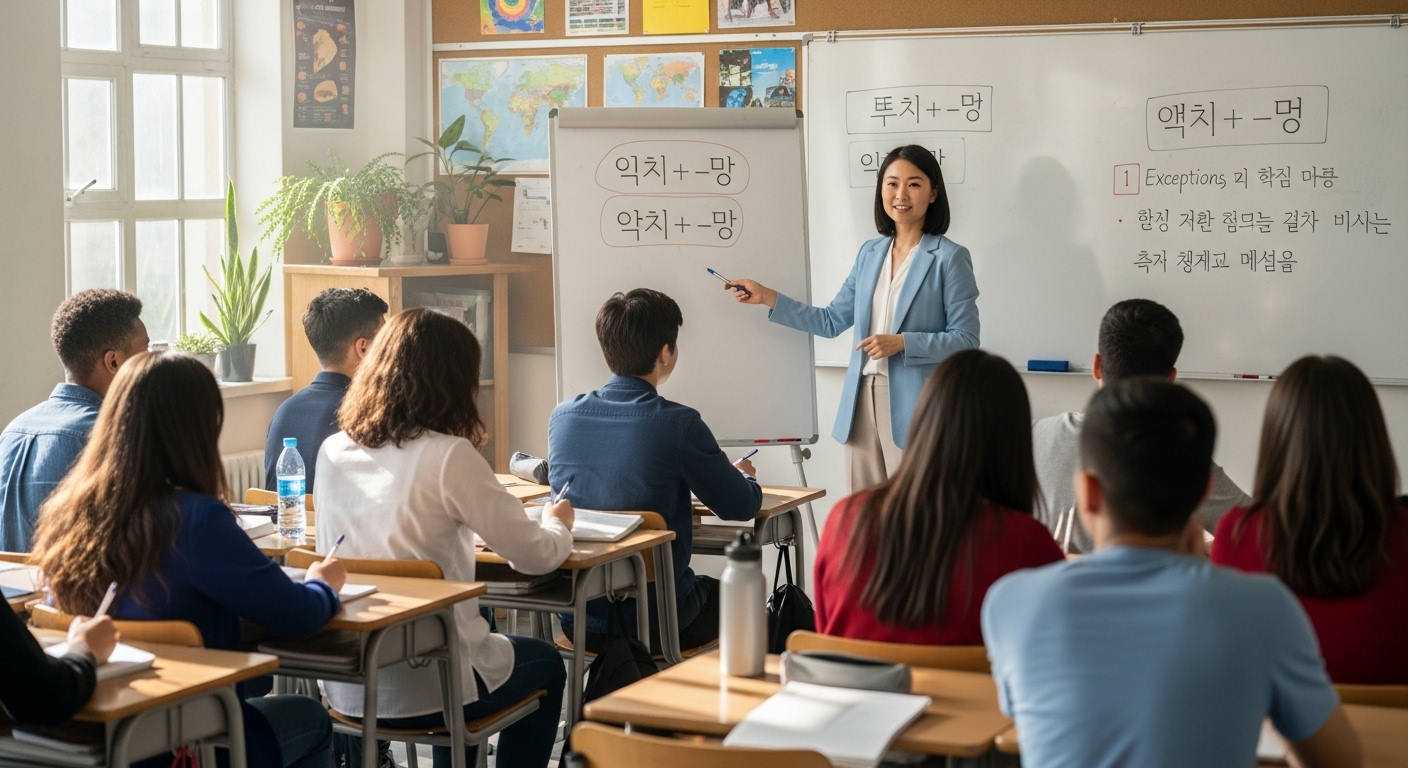 학생들이 어디와 거 같은 특정 대명사를 배워가는 교실 장면