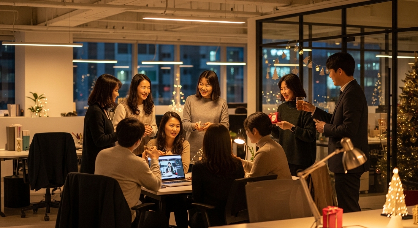 연말 모임에서 진심 어린 메시지를 주고받는 사무실 동료들