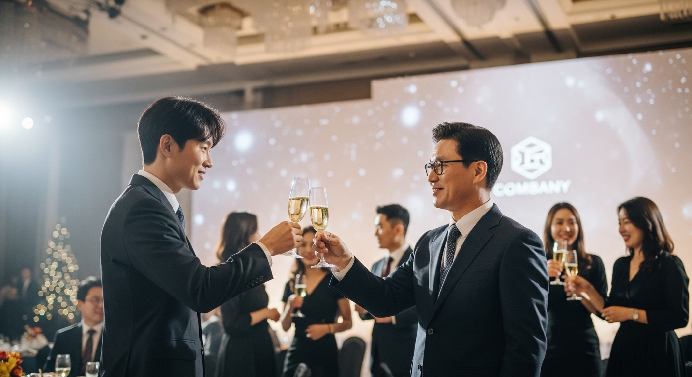 송년회에서 리더십의 영향을 강조하며 건배사를 하는 직원