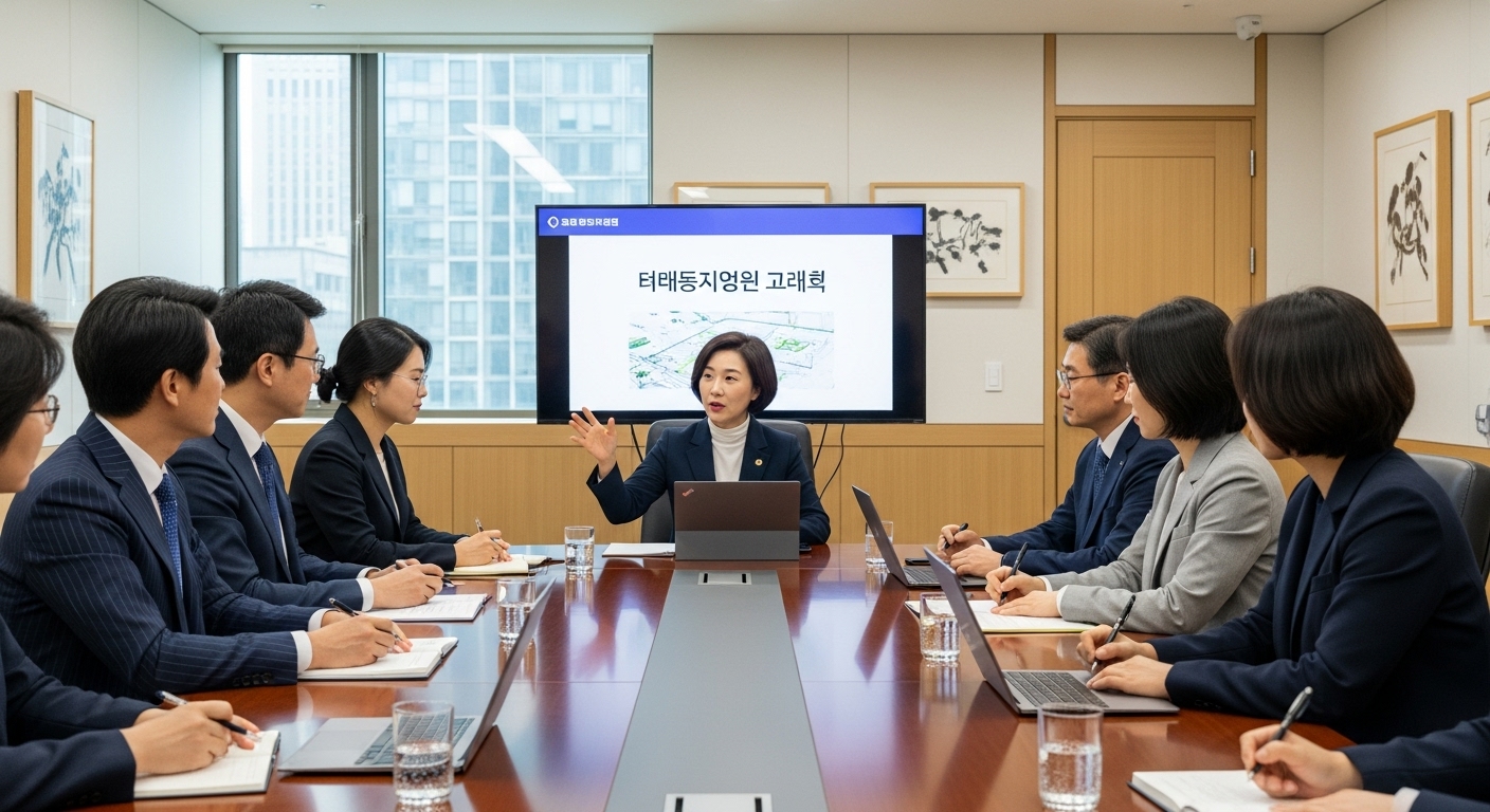 회의실에서 자율주행차 규제를 논의하는 다양한 이해관계자들과 함께 있는 정책 자문가
