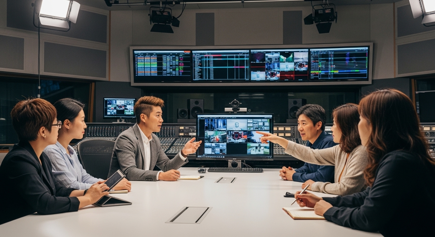 방송 스튜디오에서 창의적인 팀과 미디어 제작 토론에 참여하는 다재다능한 전문가