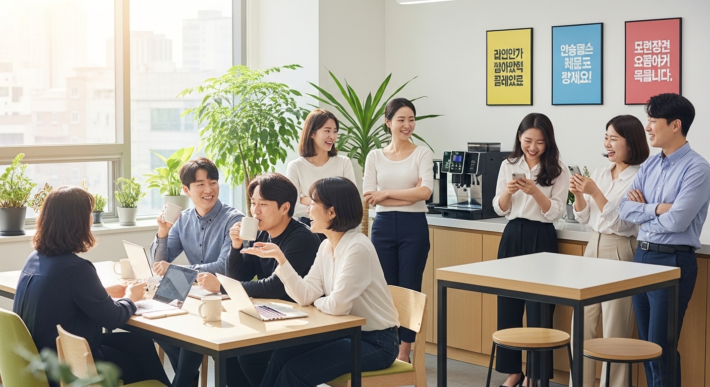 휴게실에서 개선된 근로 조건과 급여 상승에 대해 기쁘게 이야기하는 젊은 직원들