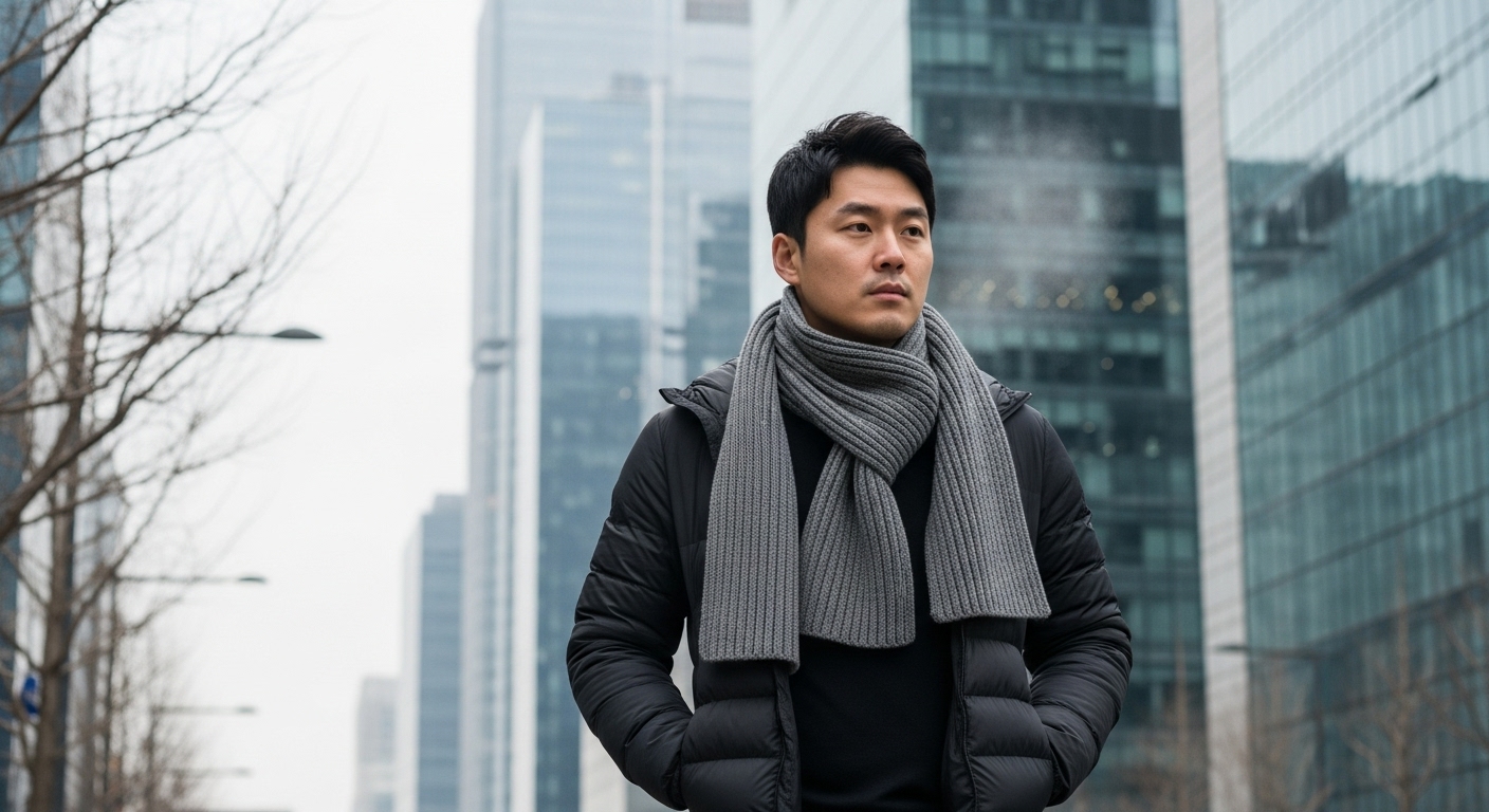 도시 배경 속에서 체스트 워머 스타일로 짧은 목도리를 착용한 남성