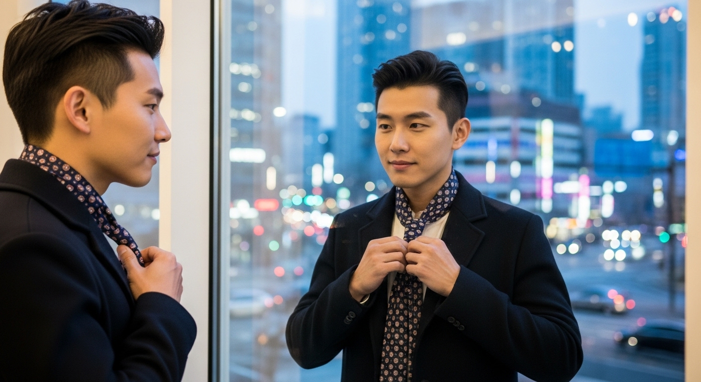 넥타이형 스카프를 코트 아래 정돈하며 창문에 비친 자신의 모습을 보는 남성