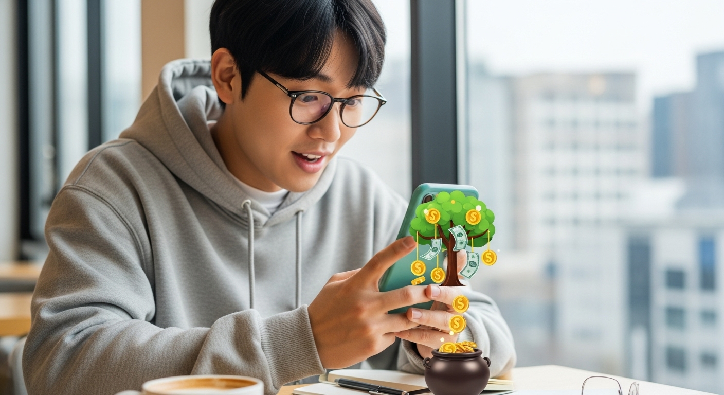 현대 한국 학생이 스마트폰 앱을 사용하는 모습