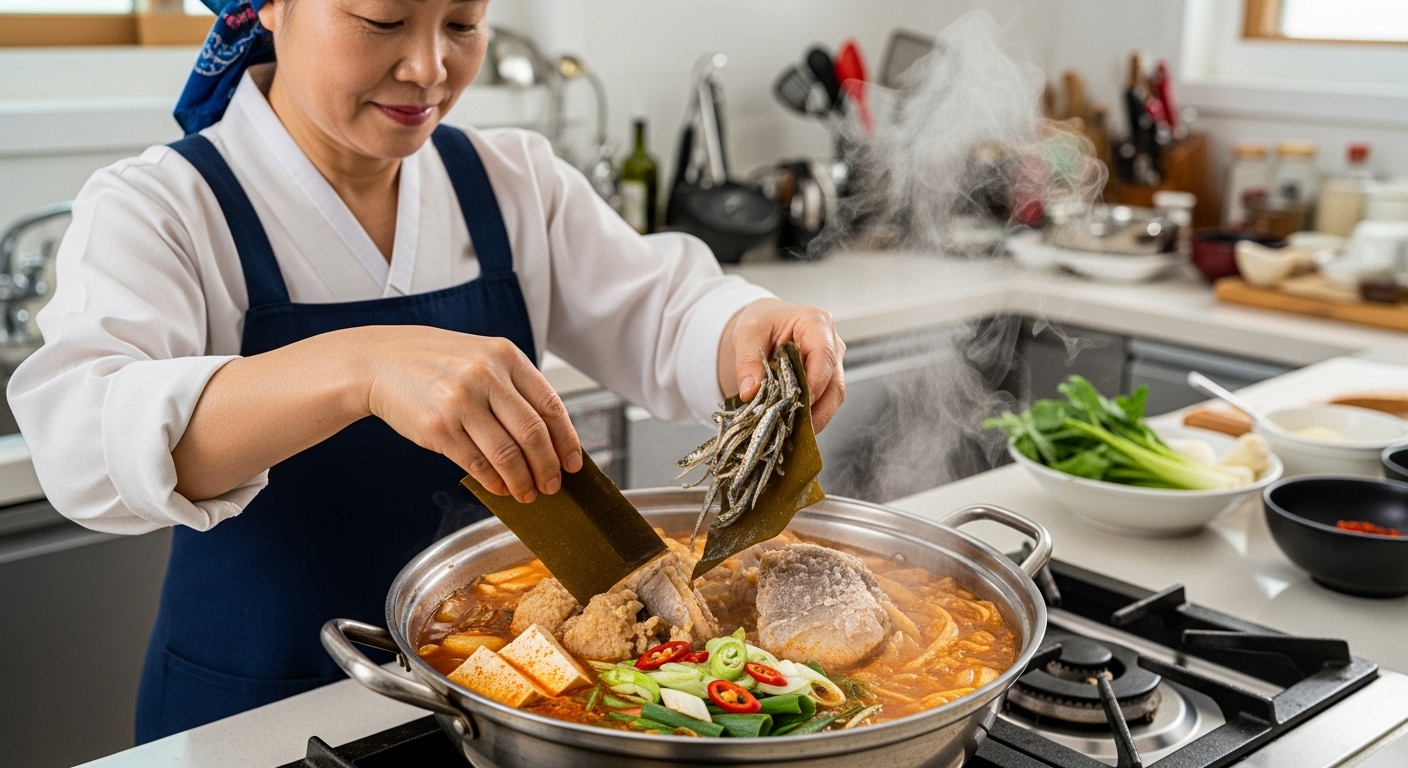 큰 냄비에 멸치와 다시마 육수를 넣고 끓이는 장면