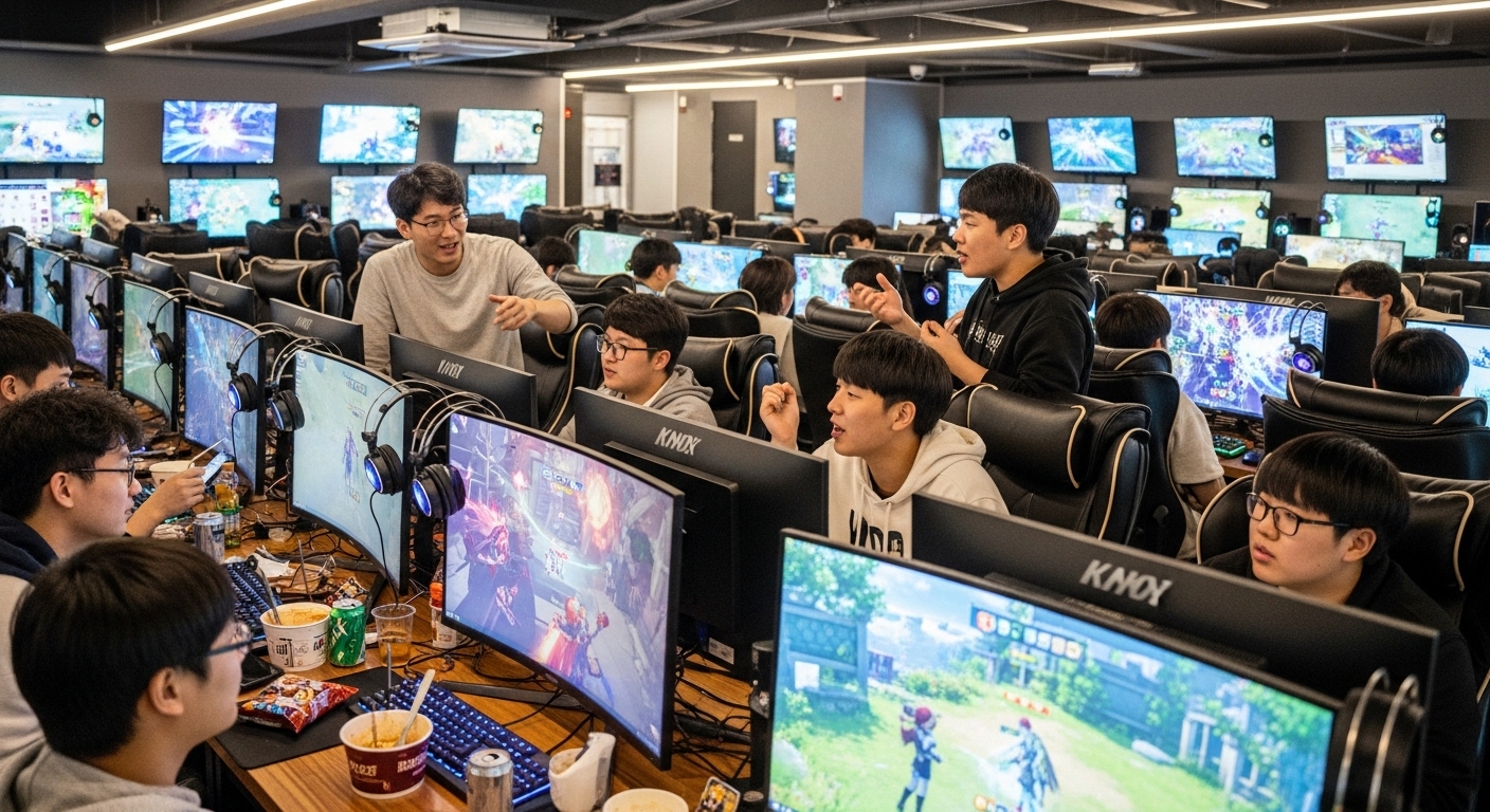 PC방에서 새로운 게임 업데이트를 열심히 논의하는 게이머들