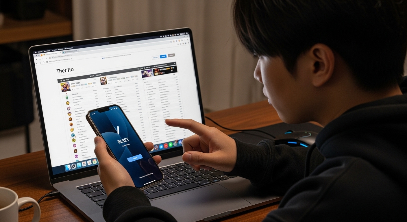 스마트폰으로 게임 초기화 중인 젊은 게이머