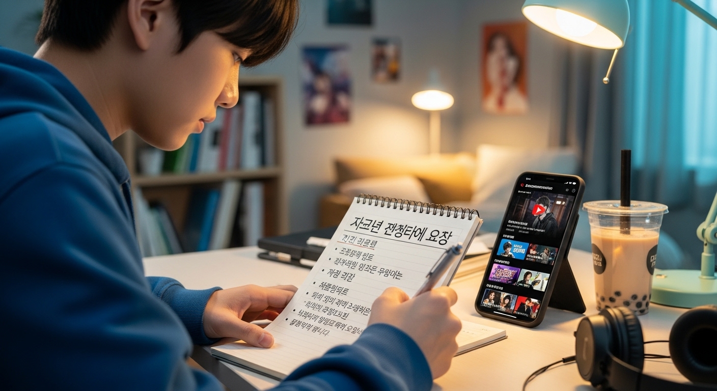 십대가 노트패드에 내년도 스트리밍 목표를 세우는 장면