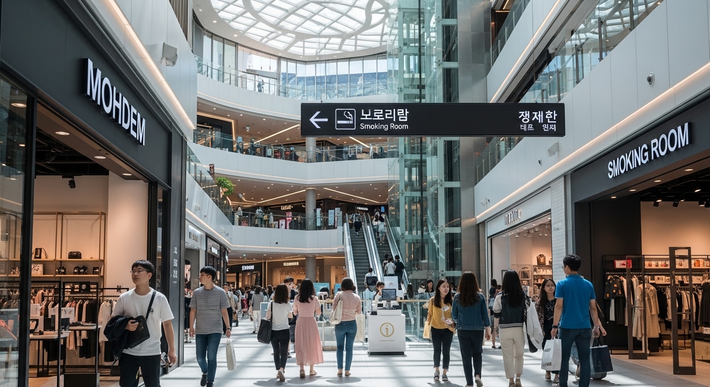 현대적인 한국의 대형 쇼핑몰 내부 모습과 흡연실 방향 표시