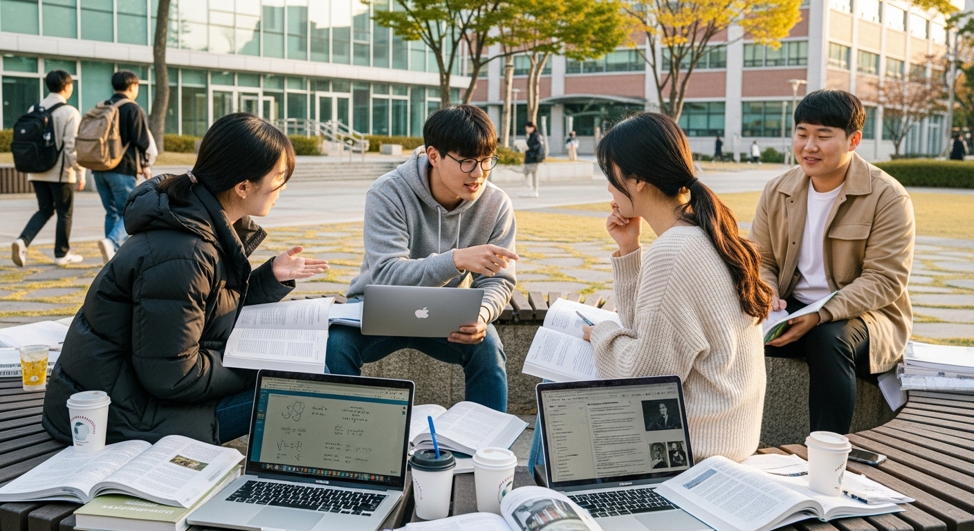 대학교 캠퍼스에서 입시 변화에 대해 토론하는 학생들의 모습
