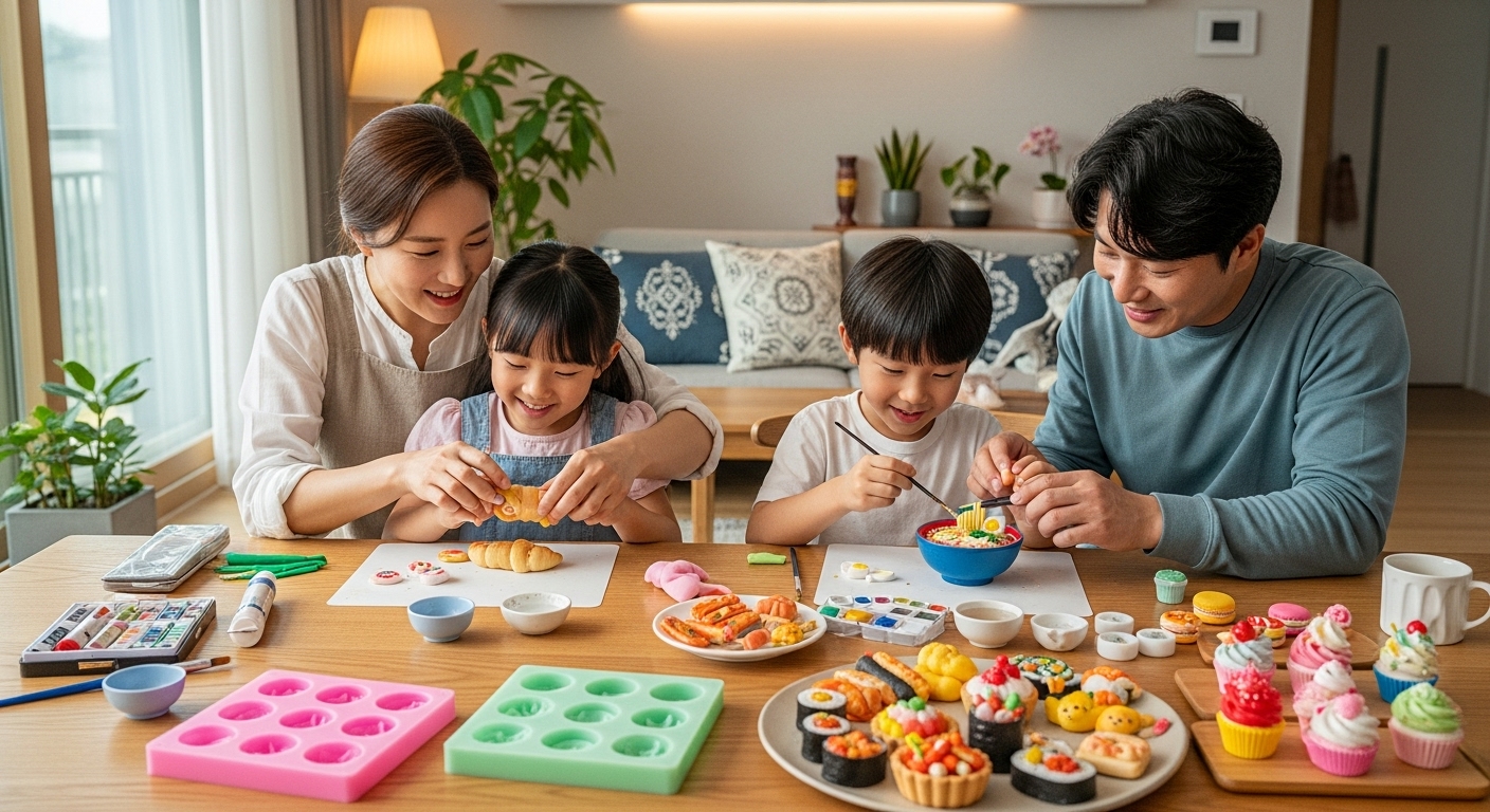 가족이 함께 다양한 음식 모양의 DIY 스퀴시를 만드는 장면