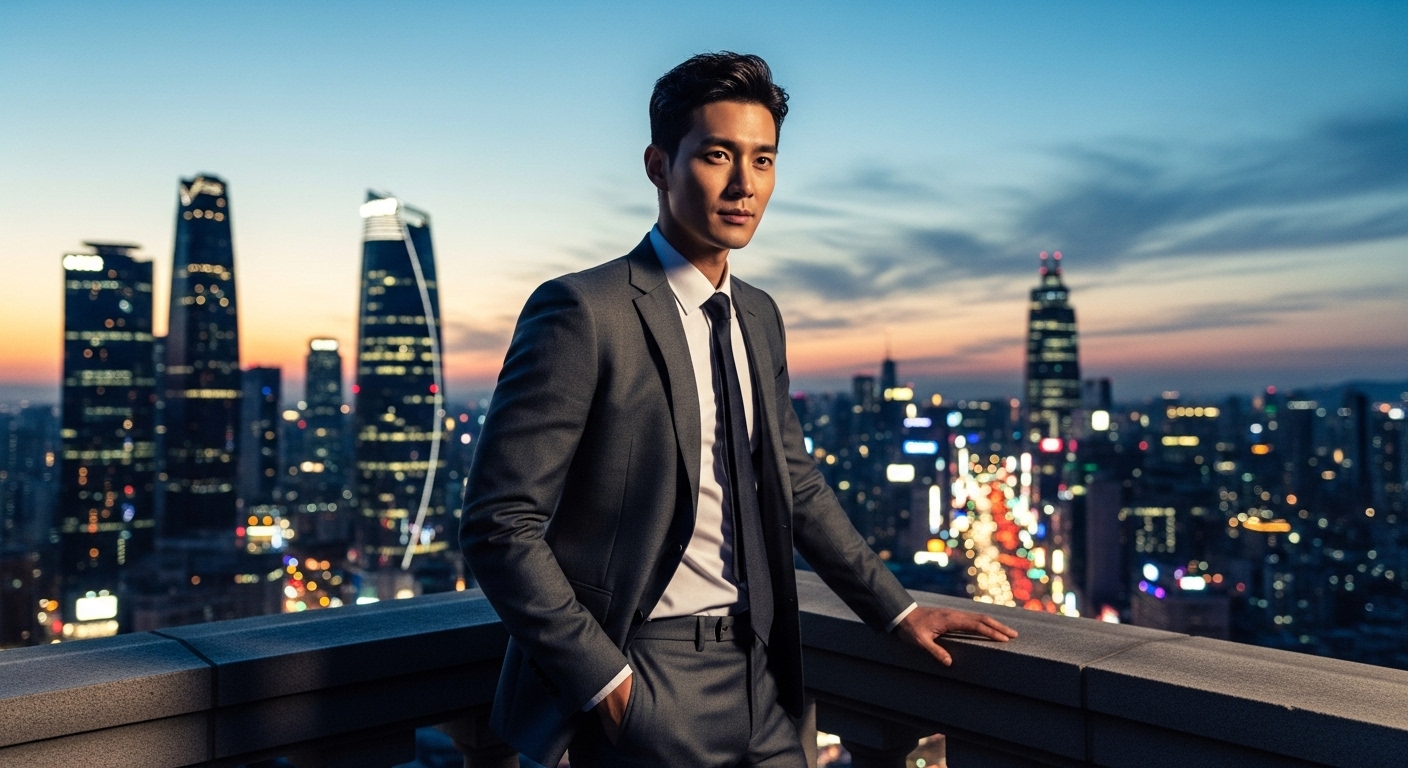 도시 배경 앞에 서 있는 키 큰 남성의 차분하고 신비로운 모습