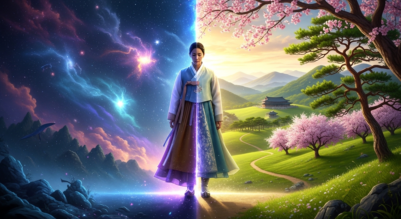 두 세계 사이에 서 있는 성찰적인 인물