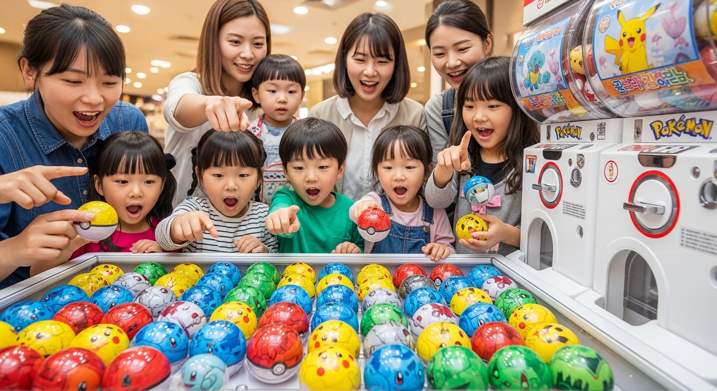 포켓몬 상품으로 가득 찬 캡슐 토이 가챠 기계 주위에 모인 아이들과 어른들