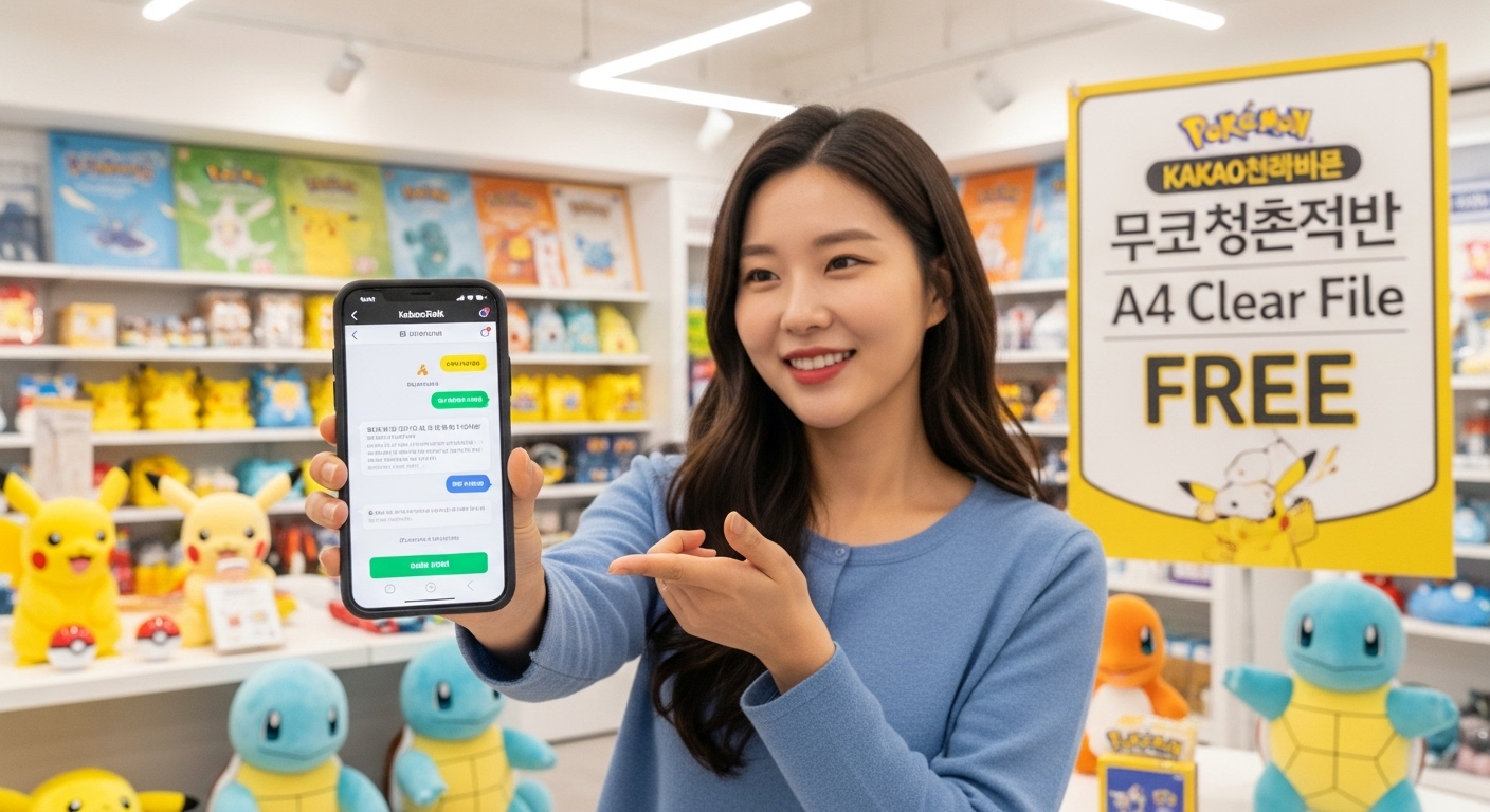 스마트폰으로 카카오 채널 구독 화면을 보여주며 무료 굿즈를 받는 여성