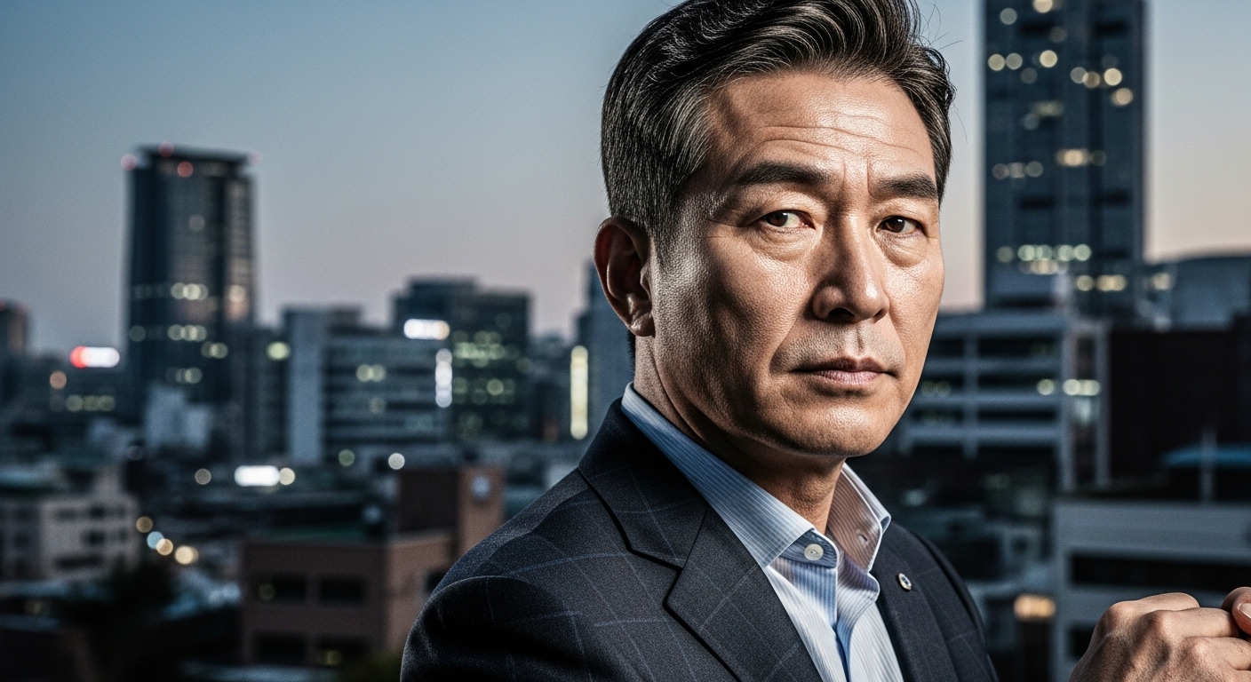 중년 남성이 결연한 표정으로 서 있는 모습, 그의 경력을 나타내는 도시 배경