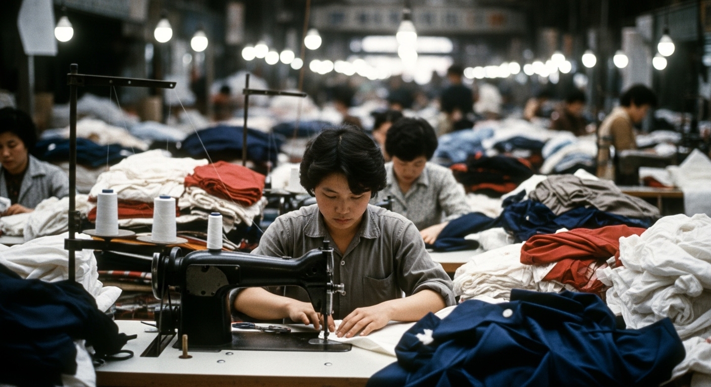 1970년대 서울 평화시장에서 직물과 기계에 둘러싸인 젊은 공장 노동자의 모습