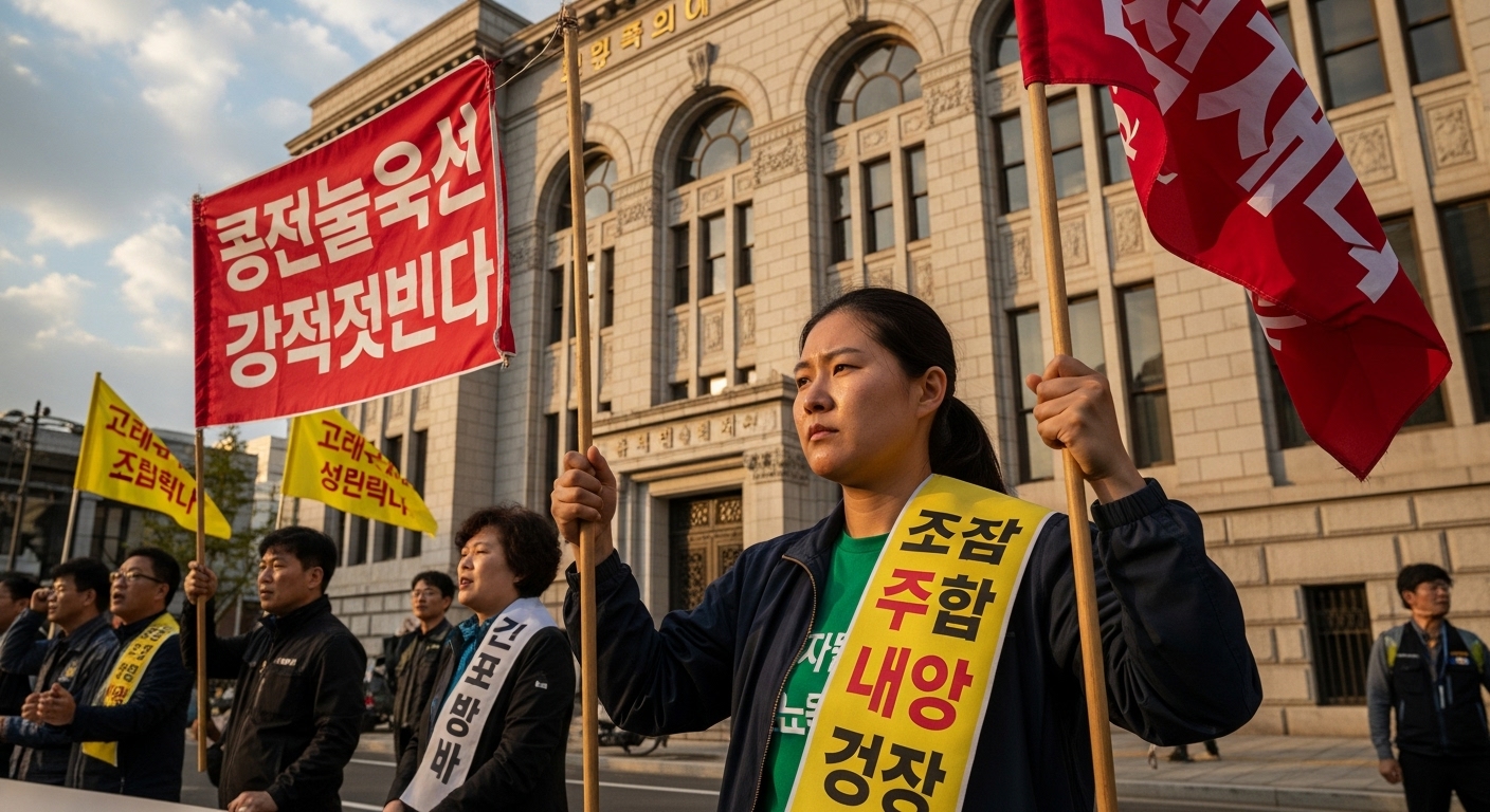 전태일 열사의 역사적인 건물을 배경으로 민주노총 깃발을 들고 서 있는 결연한 한국 활동가