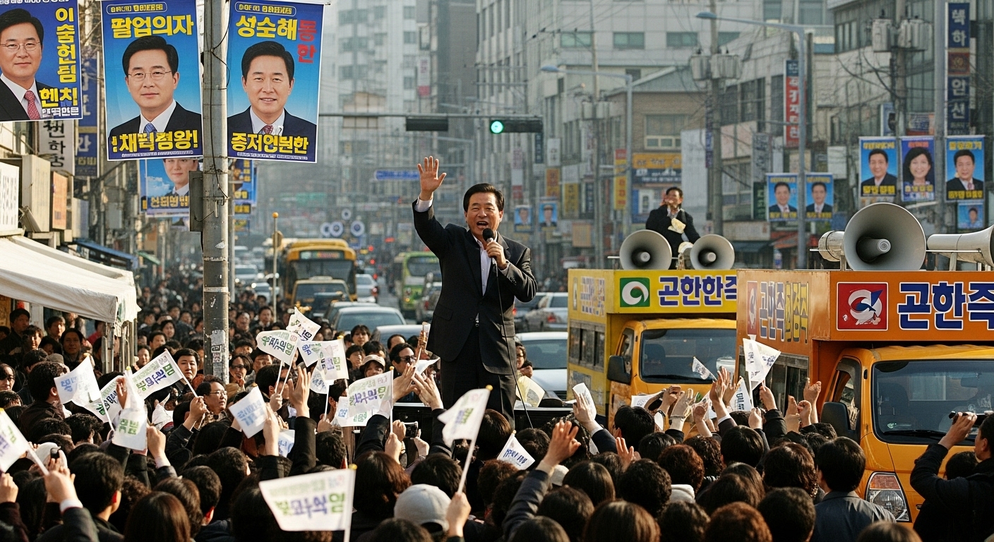 활기찬 군중 속 선거 포스터가 보이는 바쁜 서울 거리에서 선거 운동하는 한국 정치인의 모습