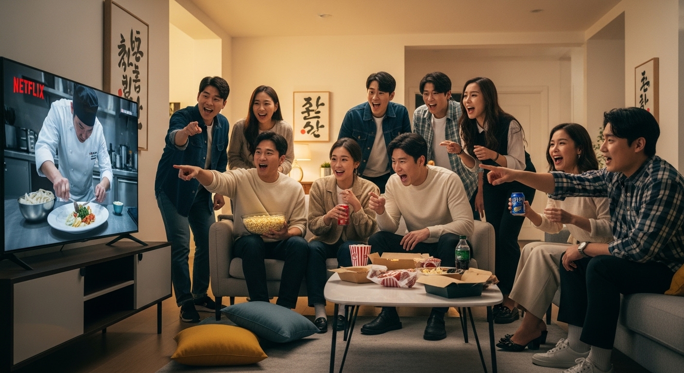 넷플릭스 요리 대회를 시청하며 토론하는 다양한 젊은이들