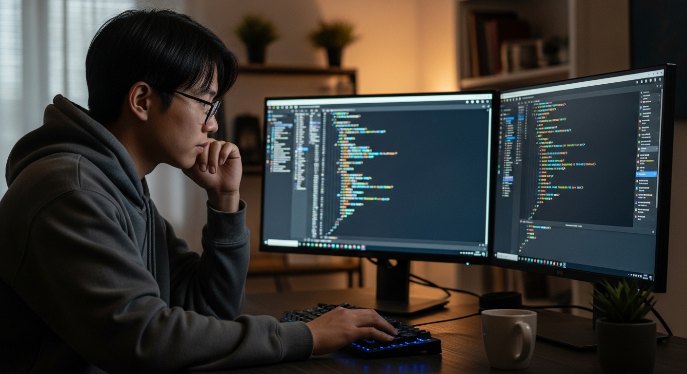 두 개의 모니터에서 HTML 태그와 엘리먼트를 비교하며 분석하는 젊은 프로그래머