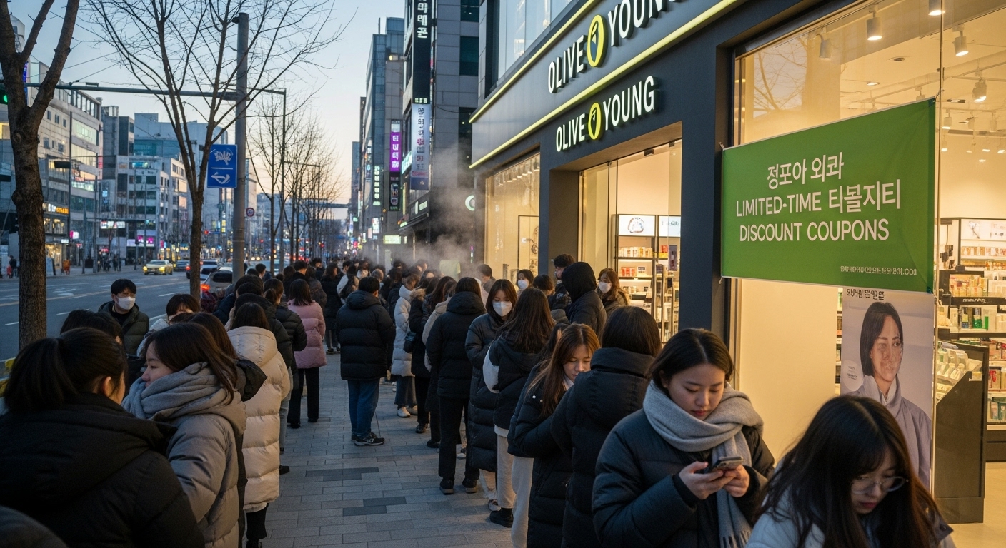 아침 일찍 줄 서서 선착순 쿠폰을 받으려는 사람들의 모습
